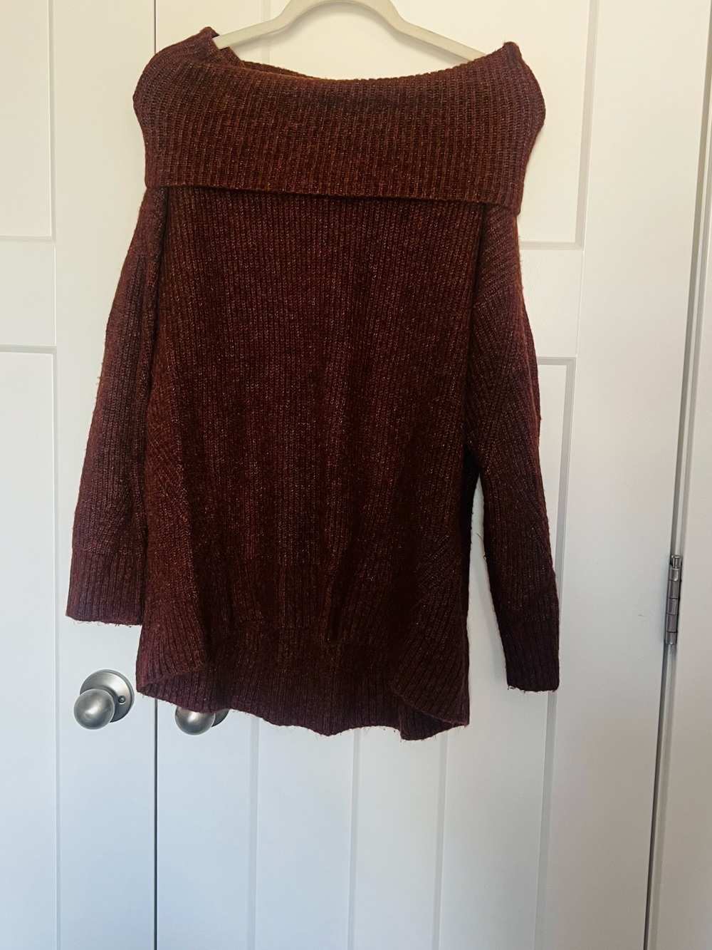 Off-Shoulder Cozy Knit Sweater - Deep Burgundy
